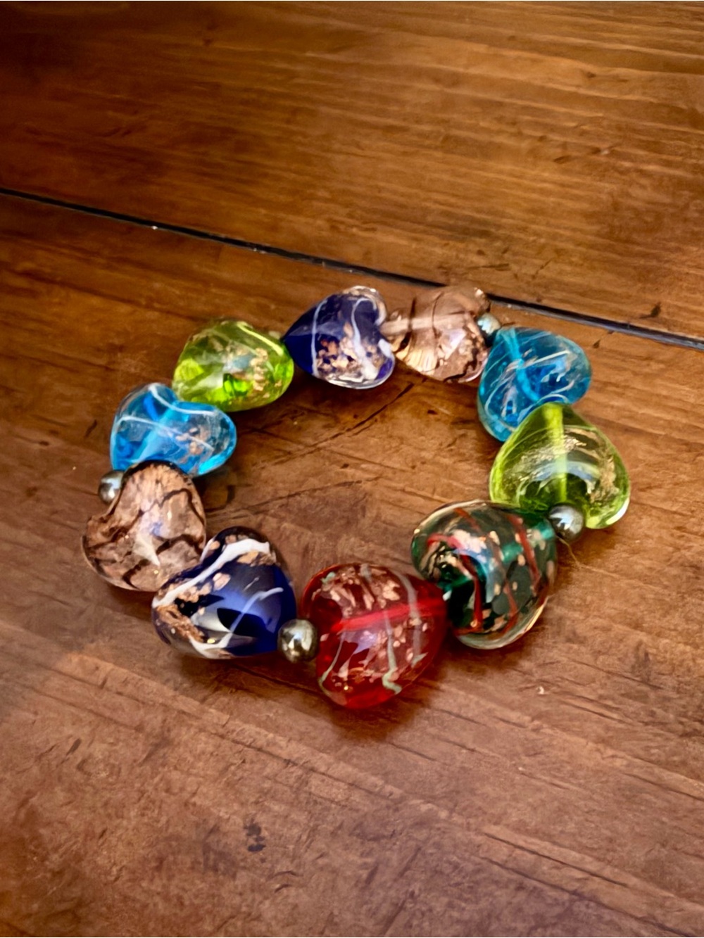 Handmade Multicolor Glass Heart Bead Stretch Bracelet